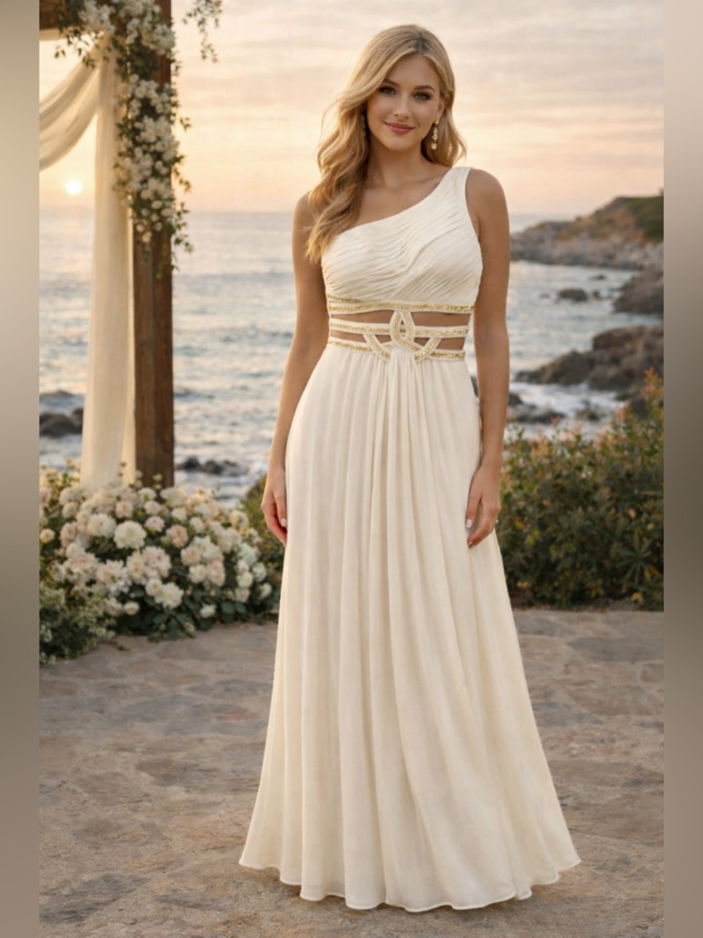 Betsy & Adam Cream Maxi dress with Gold Accent Size 12
